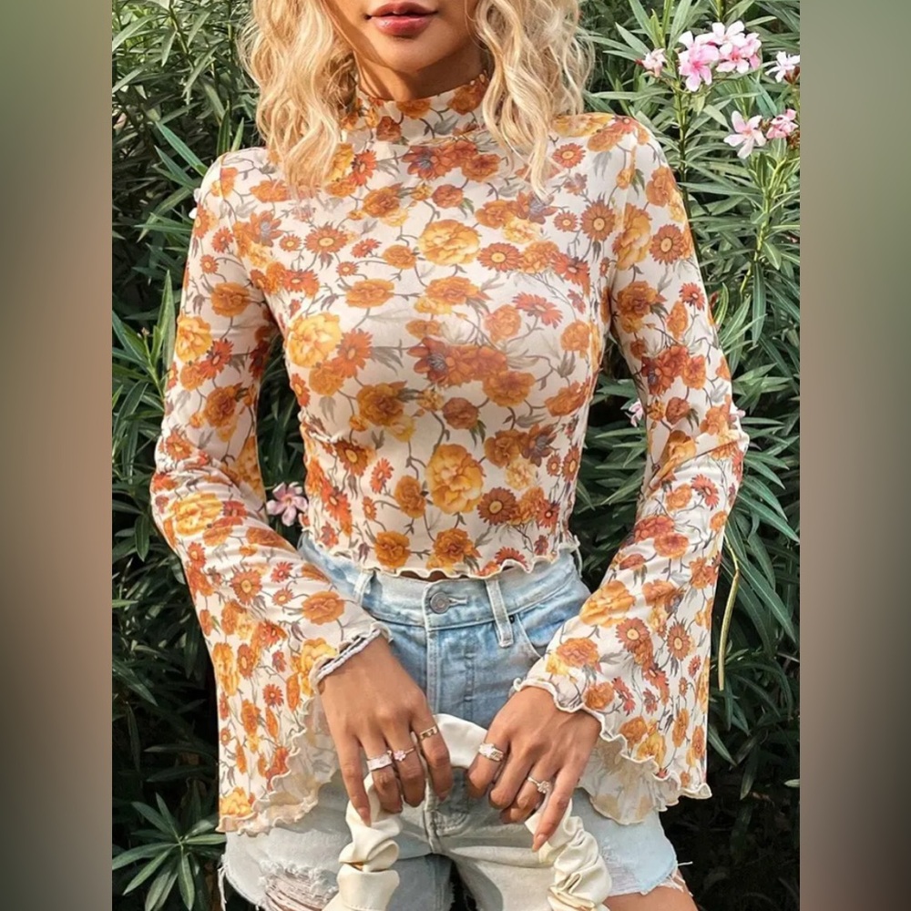 NEW- Floral Bell Sleeve Mesh Women's Top- Little Daisy Brand -Large/ Small